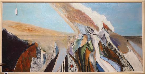 Keith Grant, oil on canvas, untitled abstract landscape, signed, 24 x 47.5in.